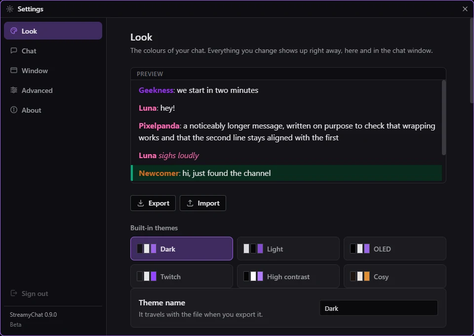 The theme editor, with colours, fonts and spacing